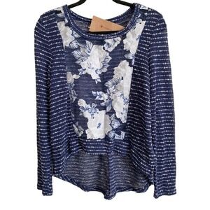 Paper Crane Top Women's Sz M Sheer Panel Long Sleeve Knit Top High Low Hem NWT